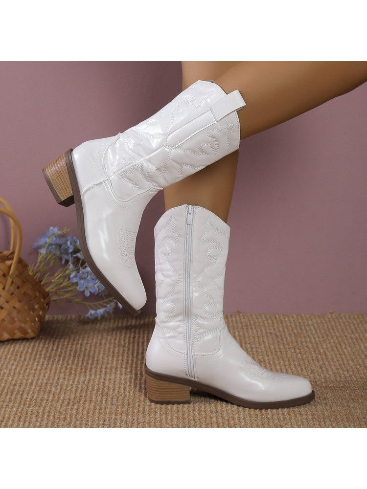 Wholesale7 glossy pointed toe boots in white with mid-calf height and wooden low block heels