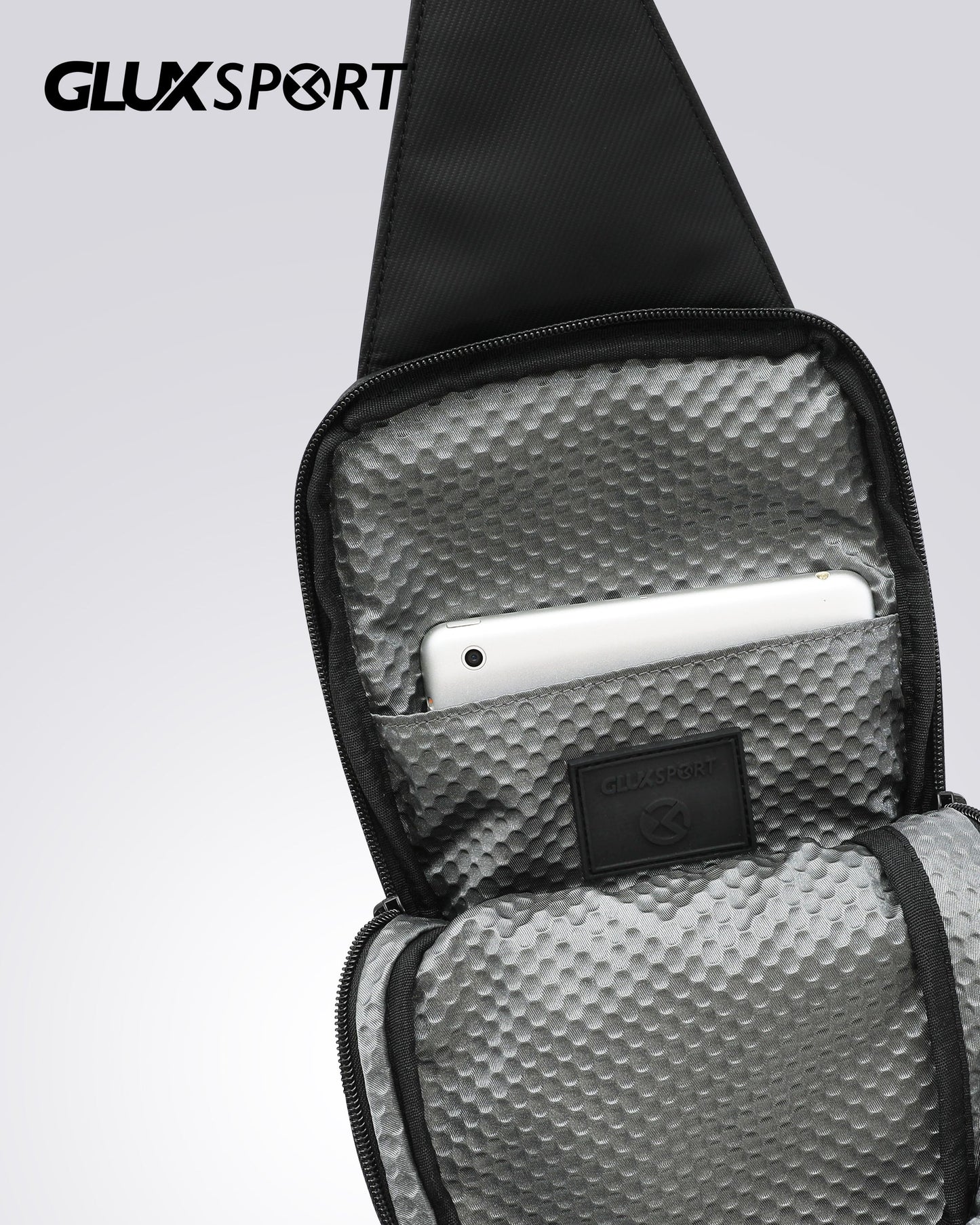 GLUX men's crossbody chest bag with textured interior and compartment for smartphones