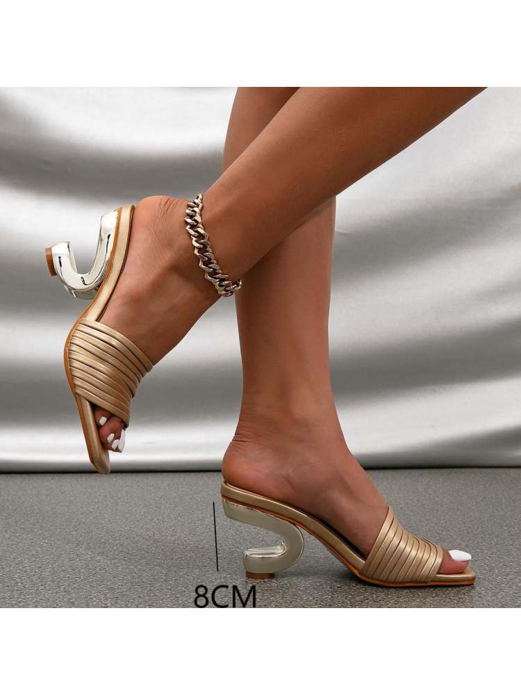 Wholesale7 gold vertical chunky heel slippers with open toe and unique curved heel design