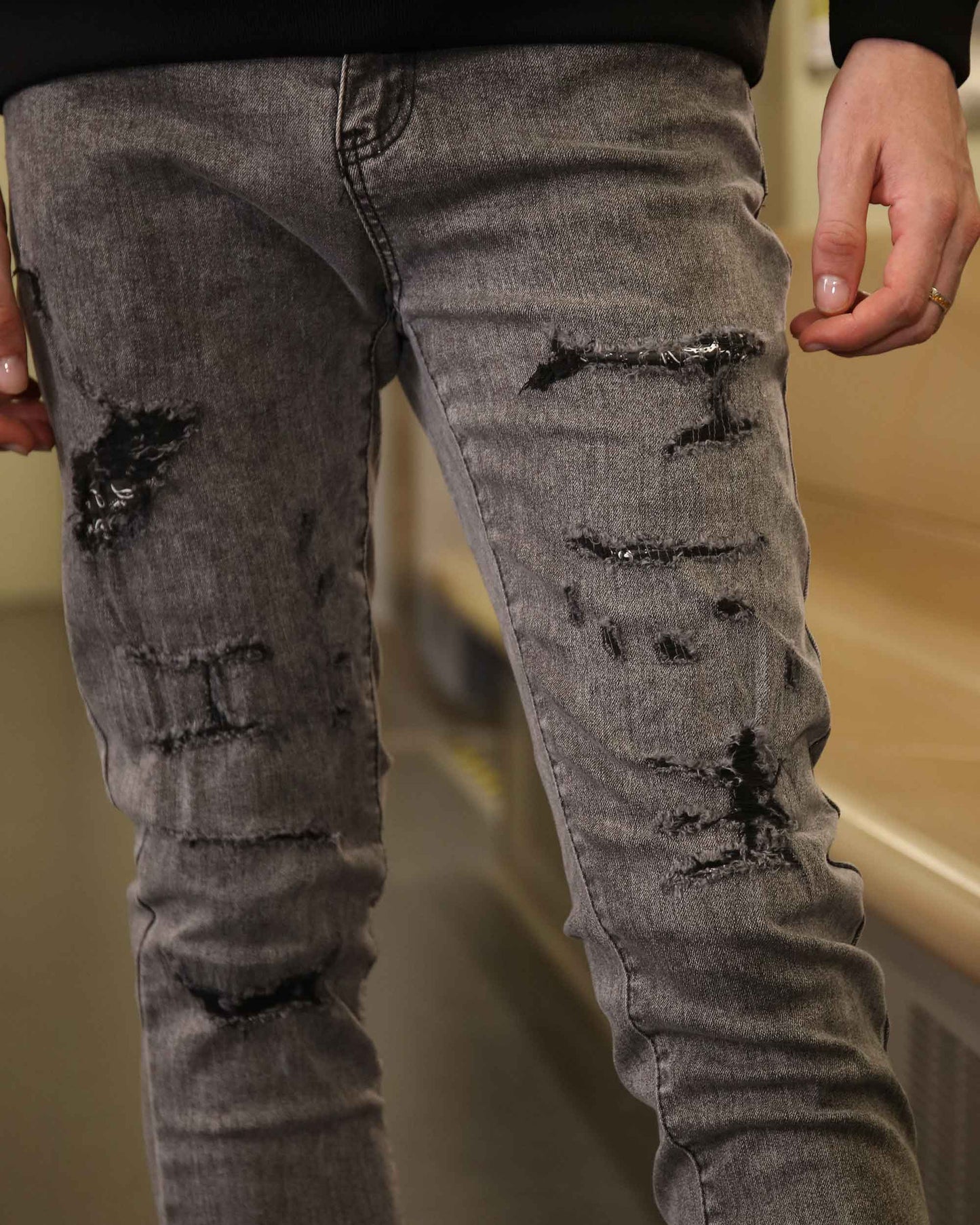 Logeqi gray ripped jeans men with distressed detailing for a stylish casual look