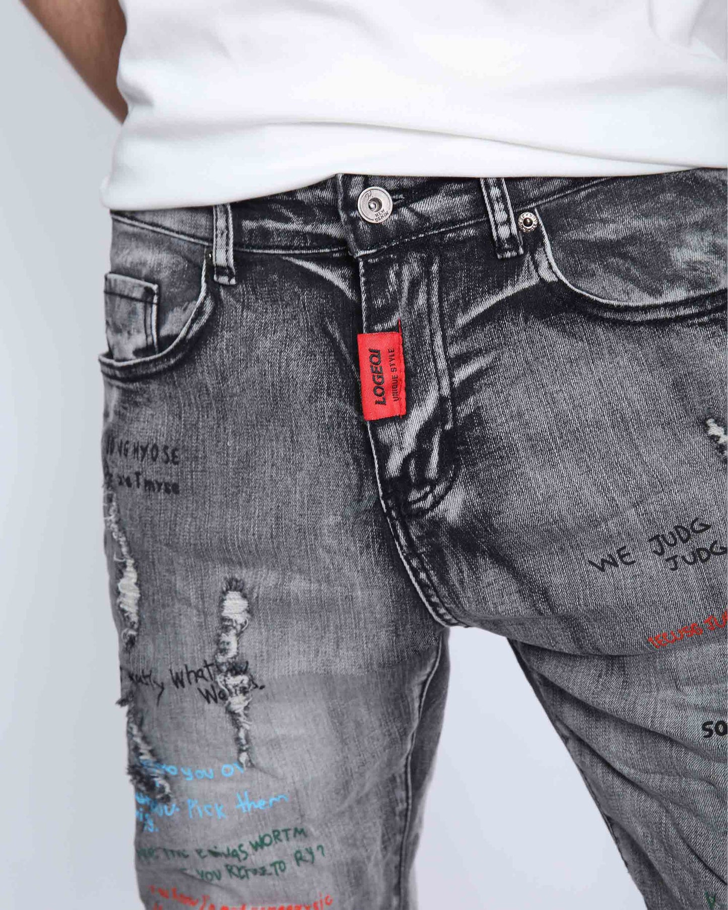 Logeqi gray slim fit jeans featuring unique design and distressed detailing for a trendy look