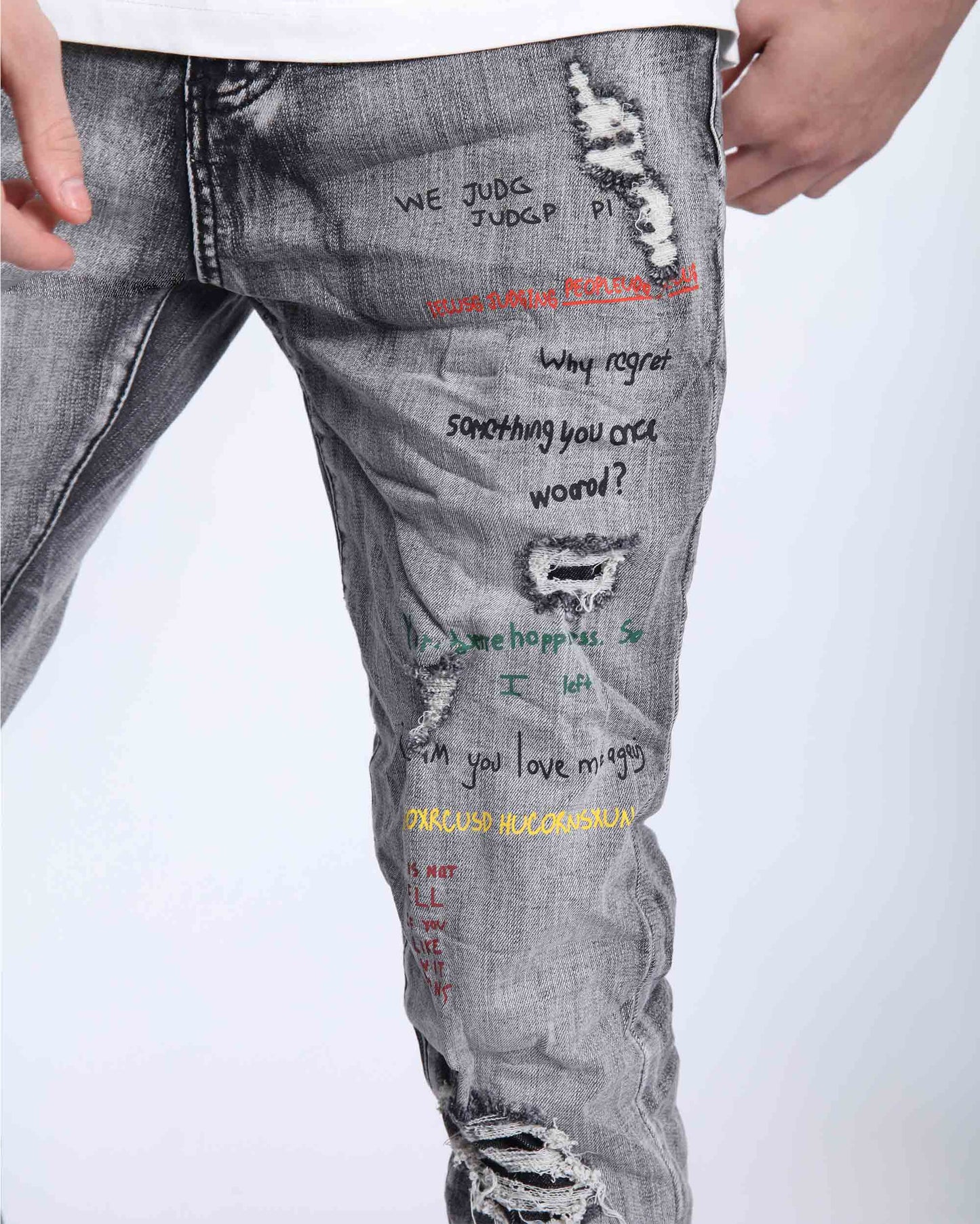 Logeqi gray slim fit jeans with distressed details and colorful text prints for a trendy look