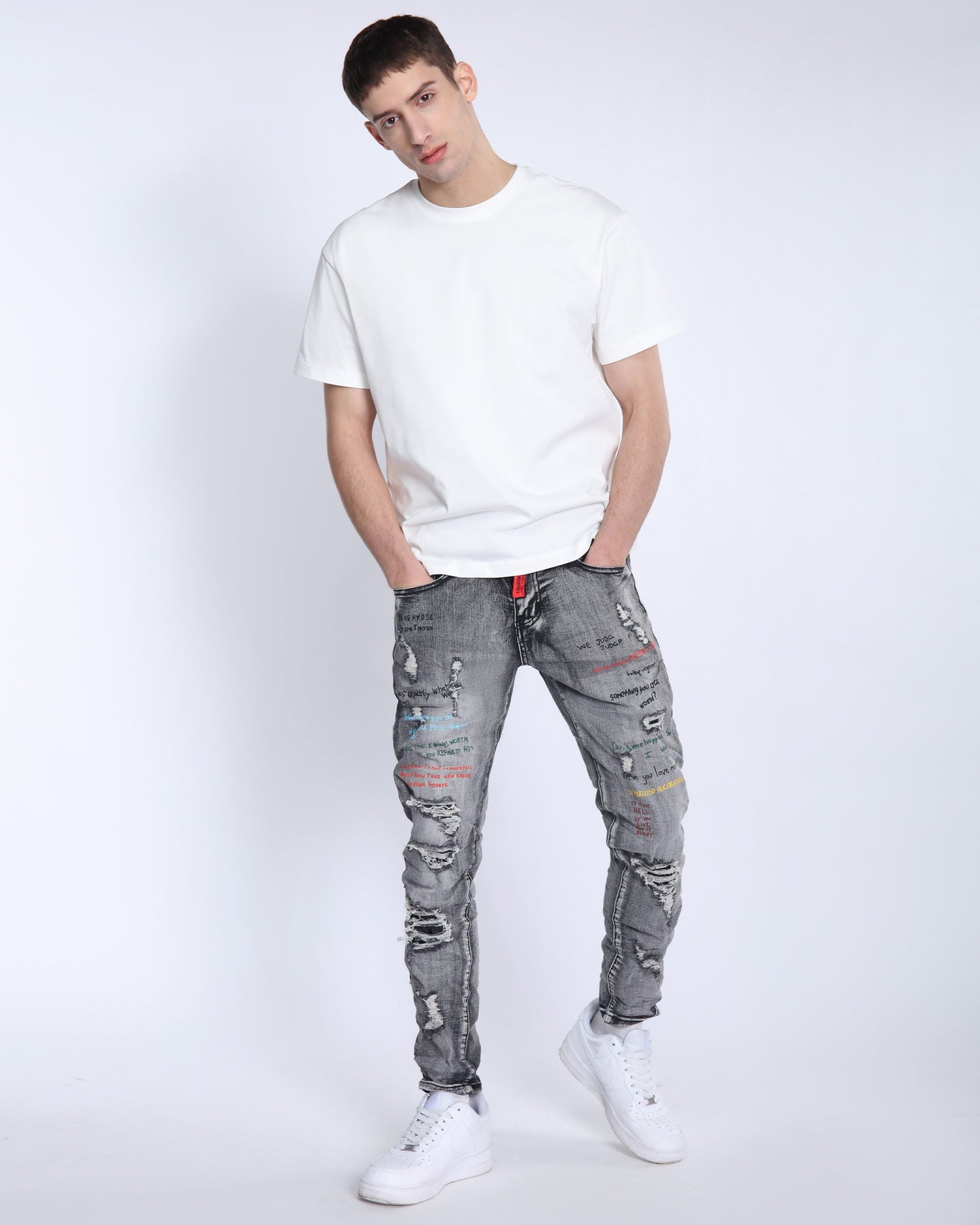 Logeqi gray slim fit jeans with distressed detailing and a modern design for casual style