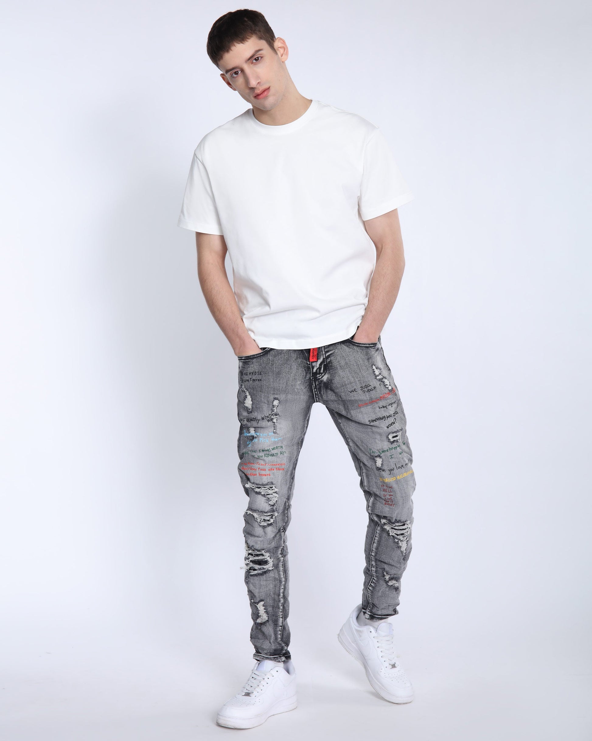 Logeqi gray slim fit jeans with distressed detailing and a modern design for casual style