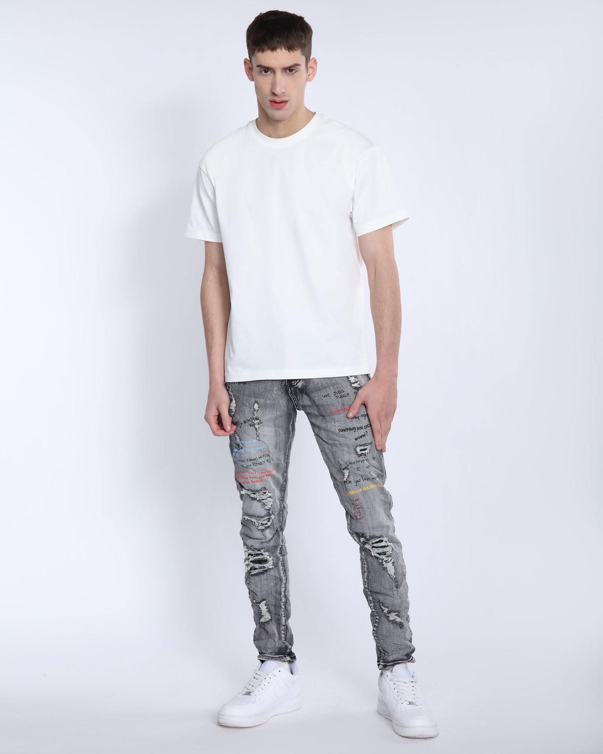 Logeqi gray slim fit jeans with stylish distressed details and a modern look