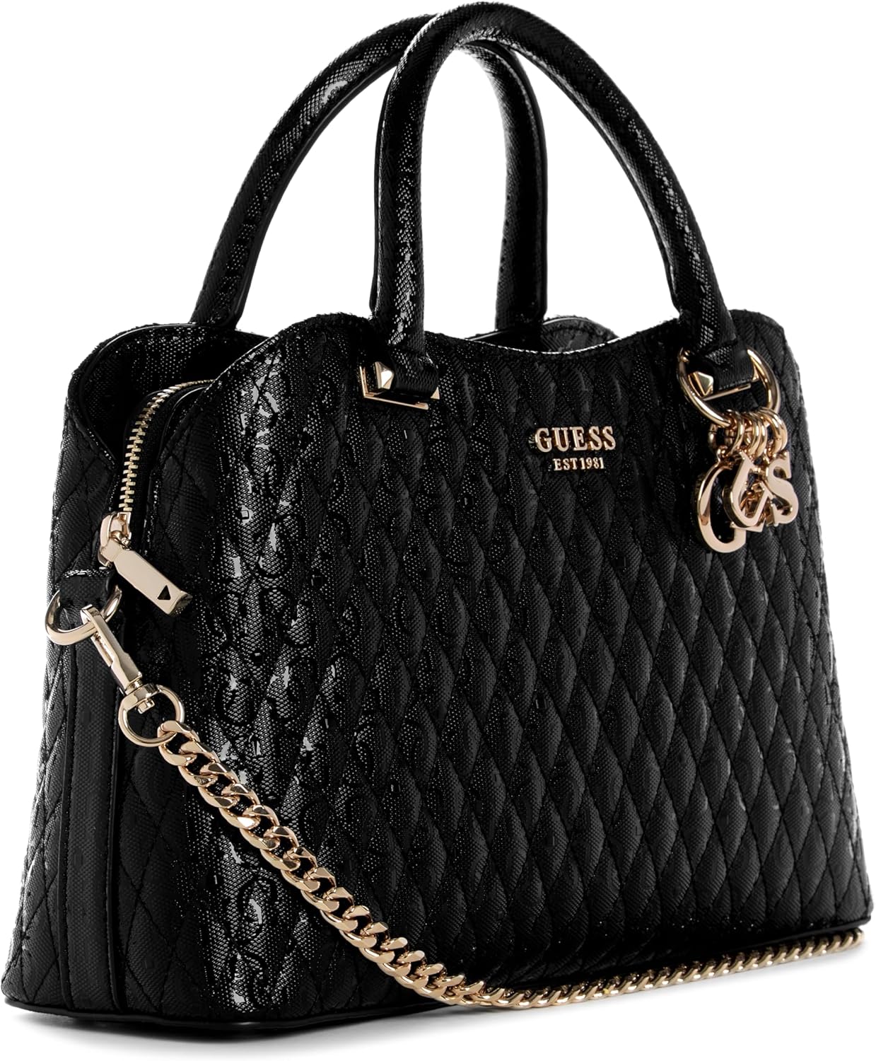 GUESS Betula Satchel bag in black quilted design with gold chain and logo accents