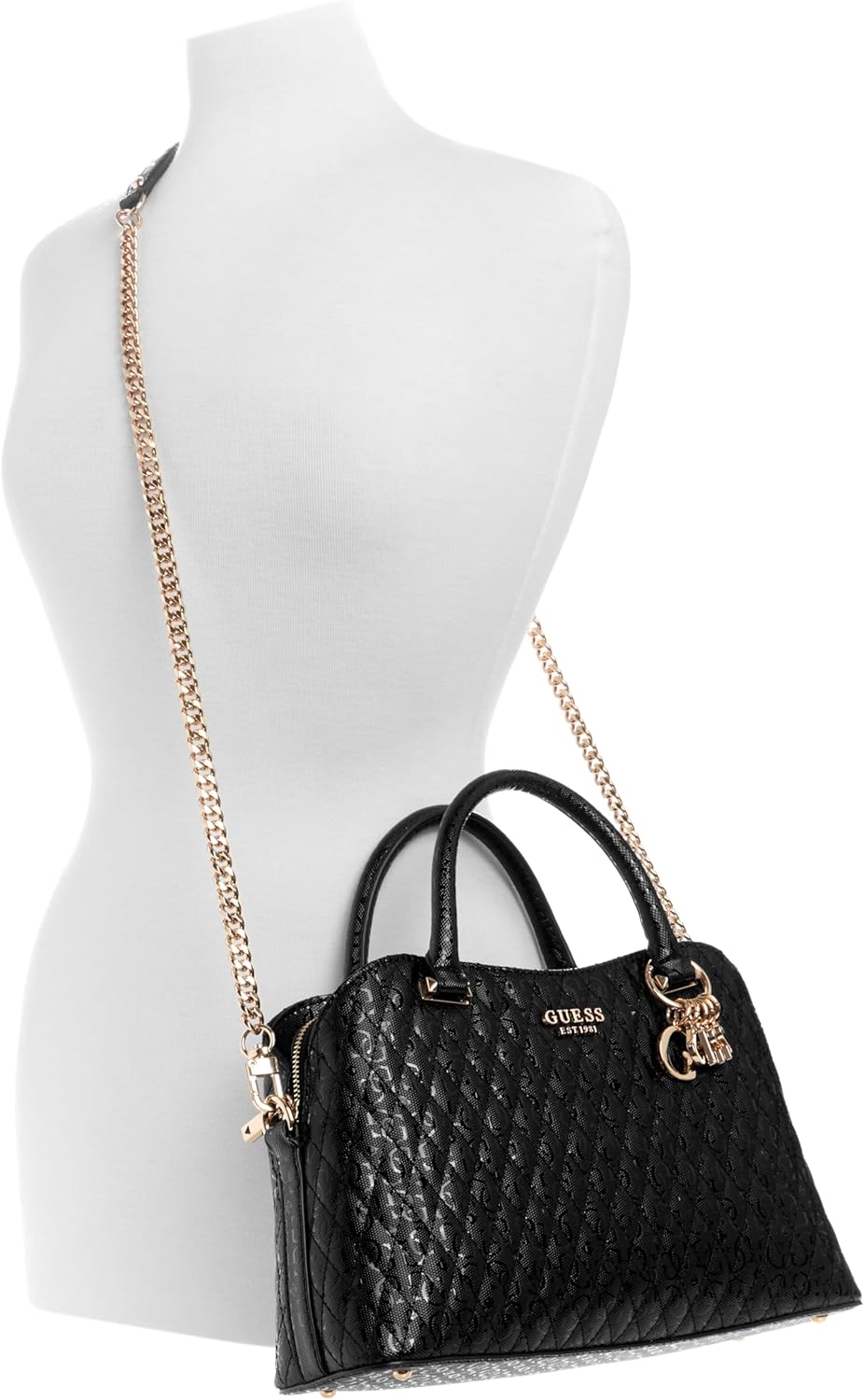 GUESS Betula Satchel bag in black with chain strap and quilted design for stylish everyday use