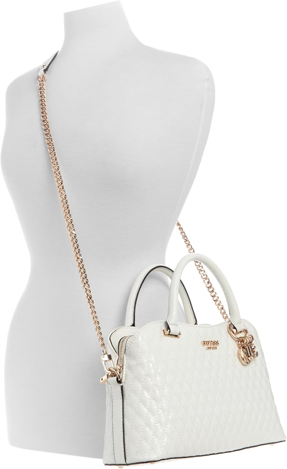 GUESS Betula Satchel bag in white with gold chain strap and quilted design for stylish use