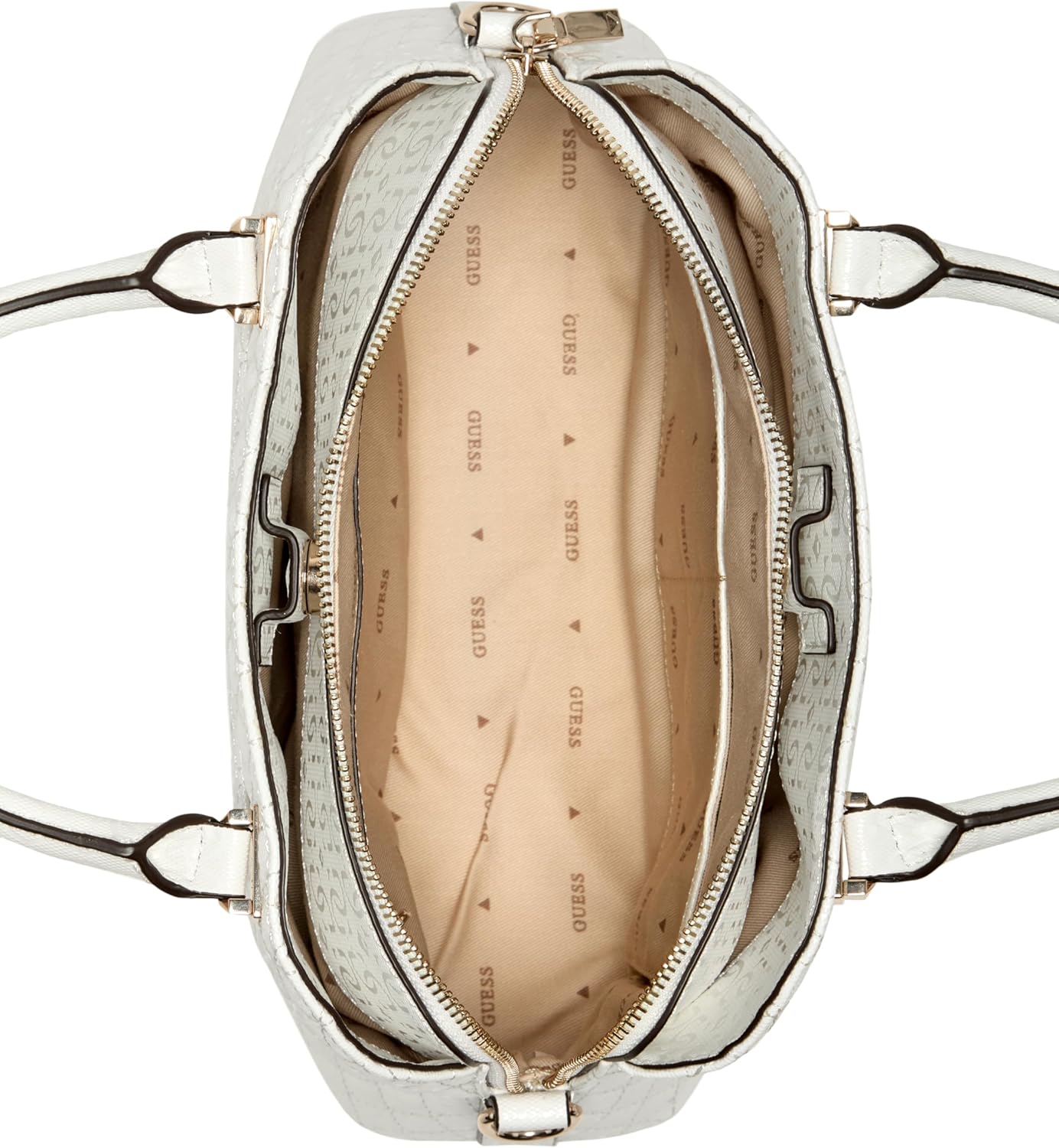 Interior view of GUESS Betula Satchel bag featuring a spacious compartment and branded lining