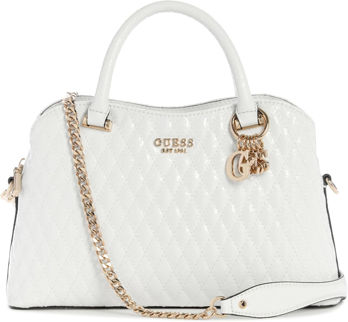 GUESS Betula Satchel bag in white with gold accents and a crossbody strap for stylish versatility