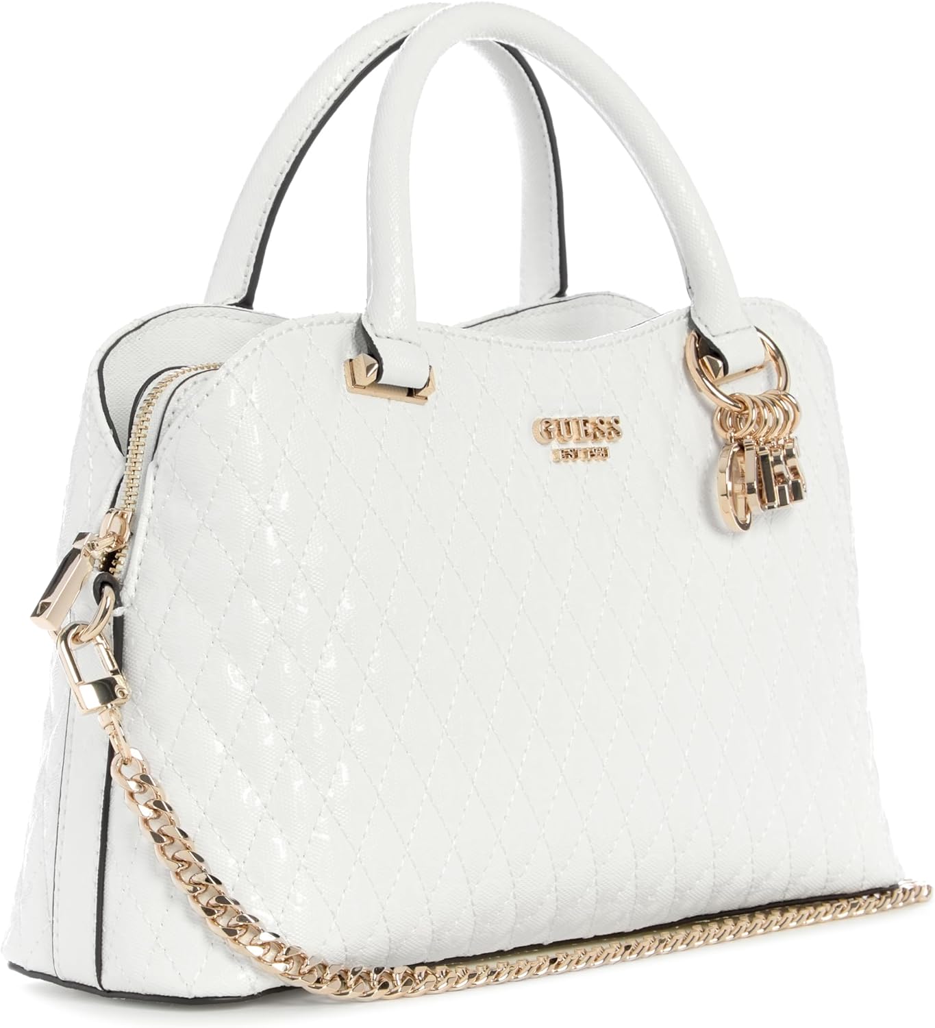 GUESS Betula Satchel bag in white with gold chain detail and quilted design