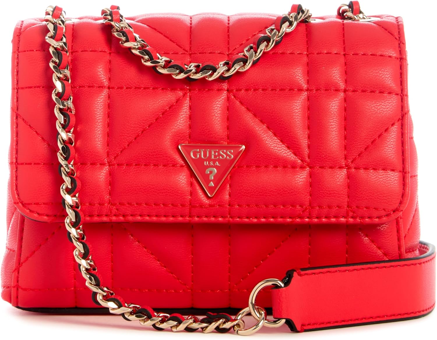 GUESS Edita Mini Convertible Crossbody in red with quilted design and gold chain strap