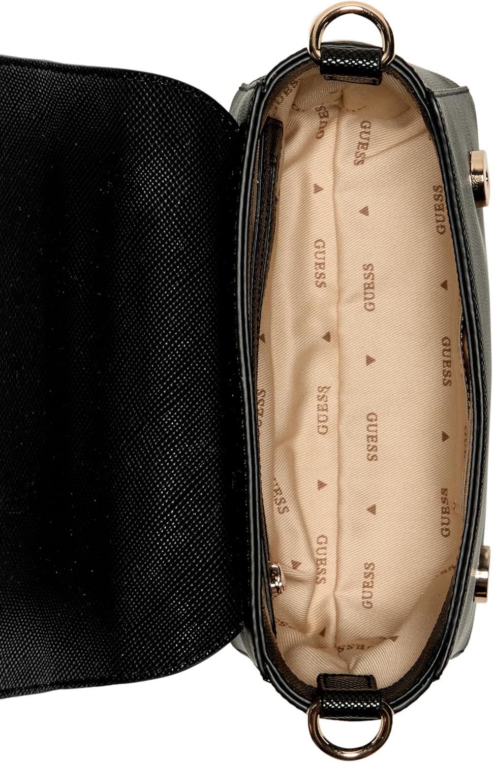 Interior view of GUESS Fedana white flap bag showcasing spacious compartment and soft lining