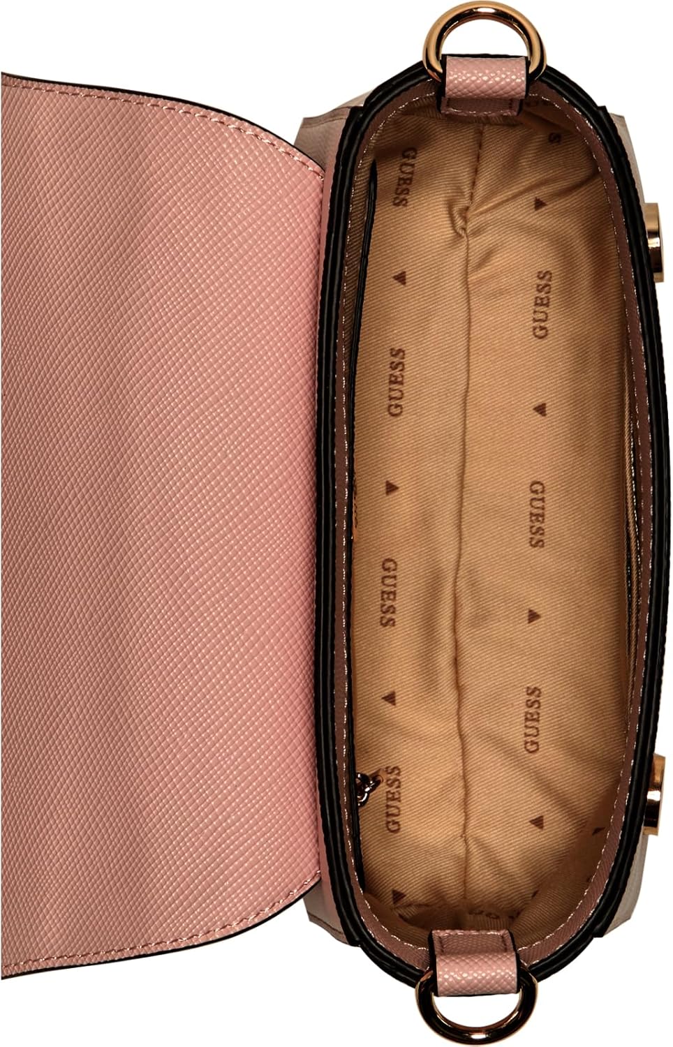 GUESS Fedana white flap bag showing the spacious interior and signature lining design