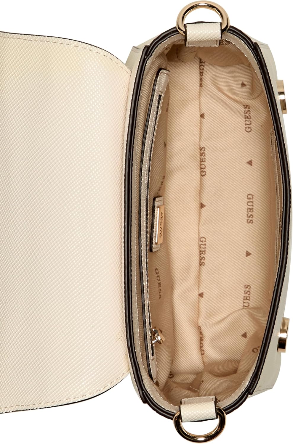 Interior view of GUESS Fedana white flap bag showcasing the spacious compartment and brand lining