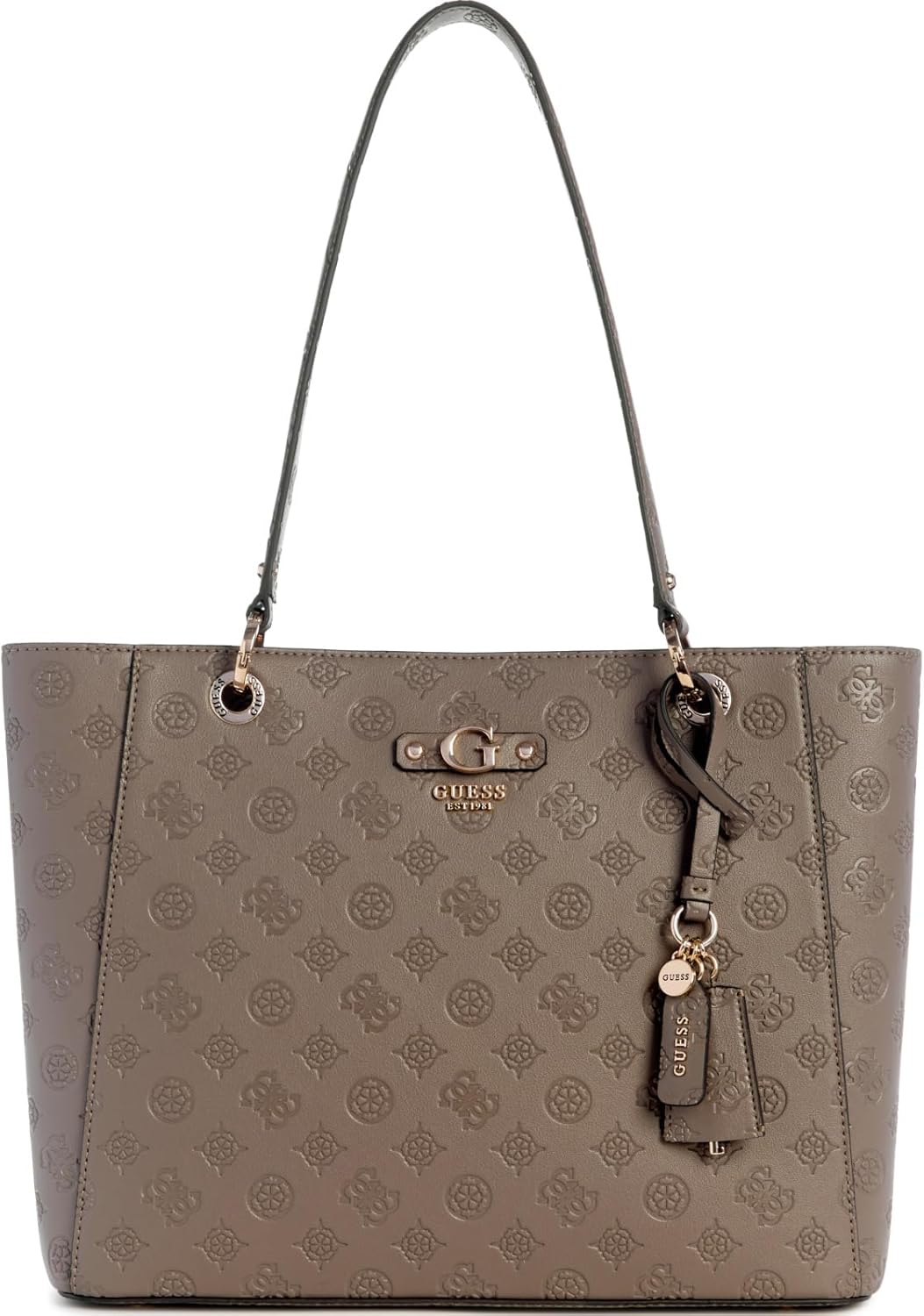 GUESS Gerty Noel tote bag in taupe with embossed logo and stylish charm for everyday use