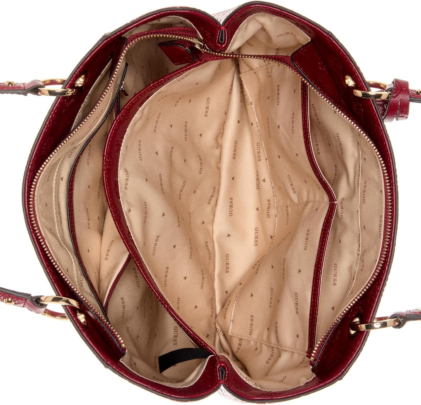 Interior view of GUESS Gerty Noel tote bag with multiple compartments and neutral lining