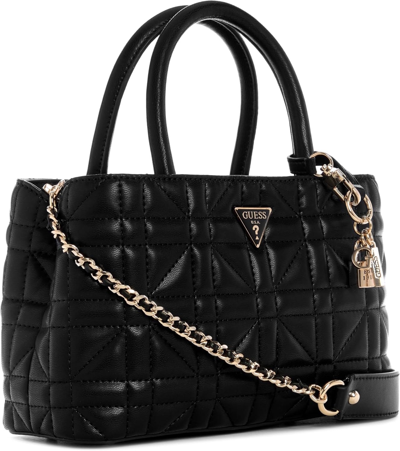 Modan Online GUESS black satchel handbag quilted leather crossbody with gold chain strap and top handles