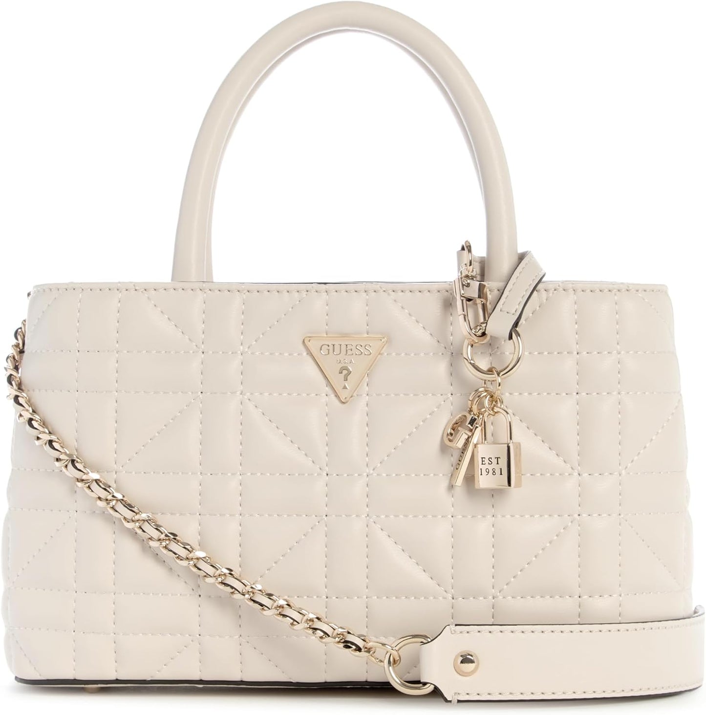 Modan Online GUESS black satchel handbag listing showing cream quilted leather satchel with gold chain crossbody strap