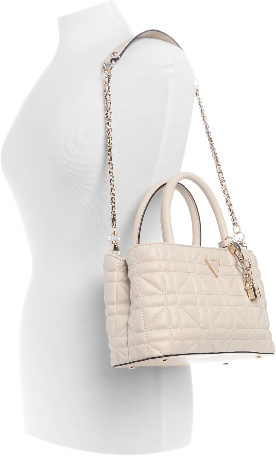 Modan Online GUESS black satchel handbag listing shows cream quilted crossbody satchel with chain strap