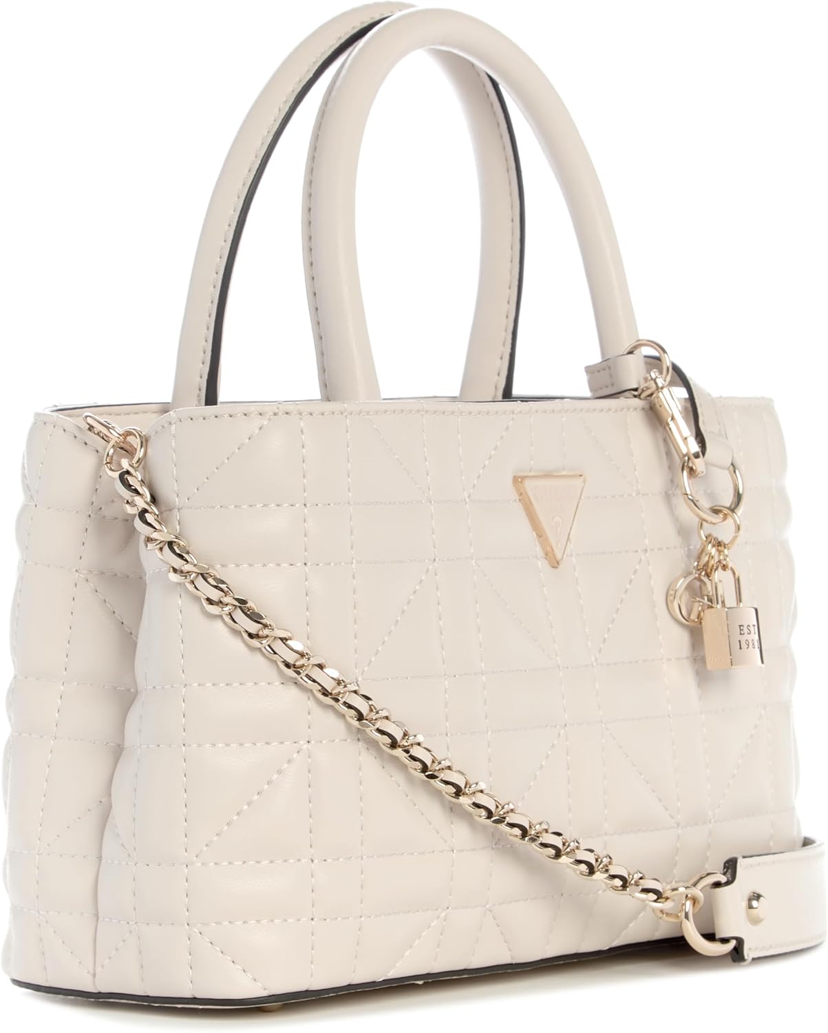 Cream quilted satchel with top handles gold chain strap and padlock charm Modan Online GUESS black satchel handbag