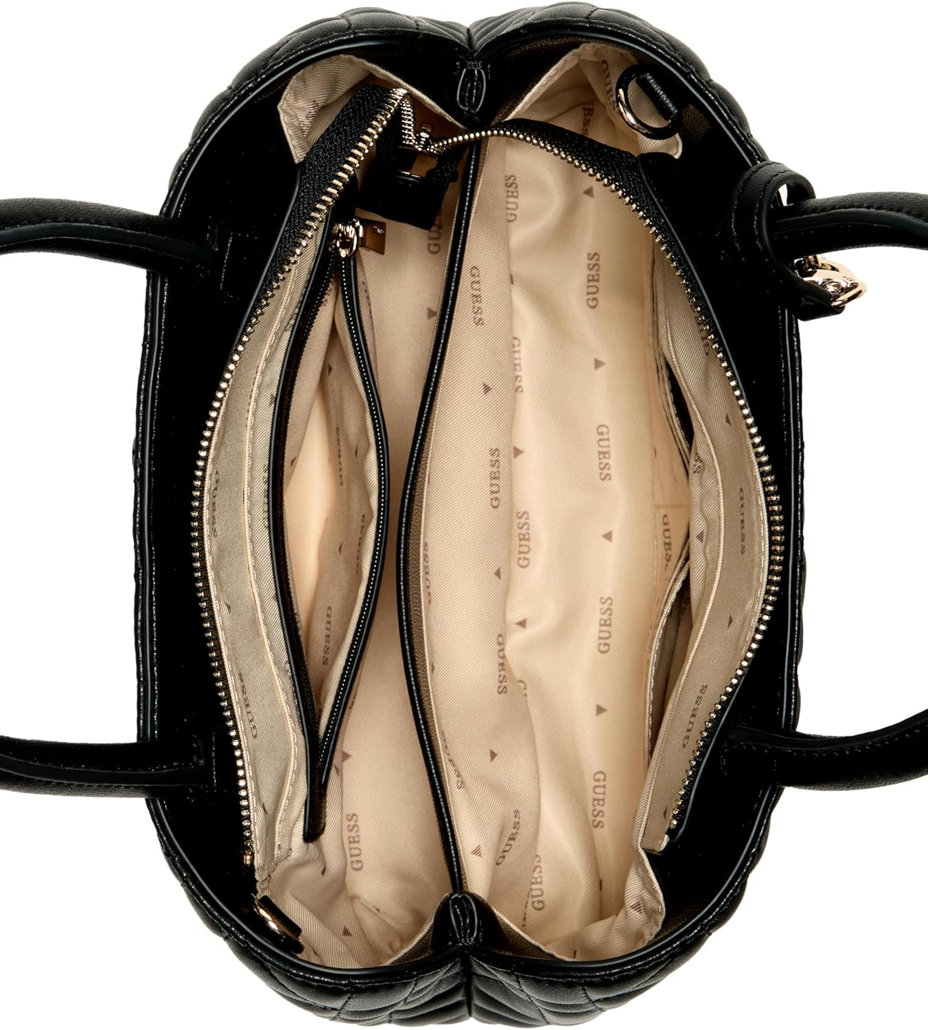 GUESS black satchel handbag top view showing beige GUESS logo lining, three compartments, zip pocket and handles