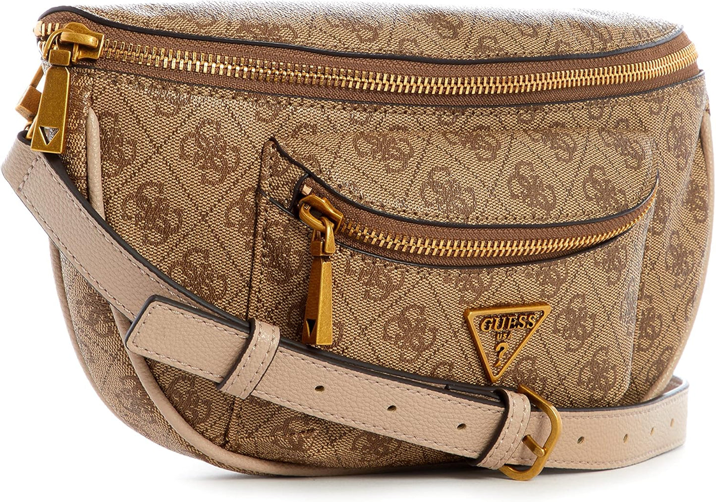GUESS Manhattan belt for women tan monogram waist pack with gold zippers front pocket and adjustable beige strap