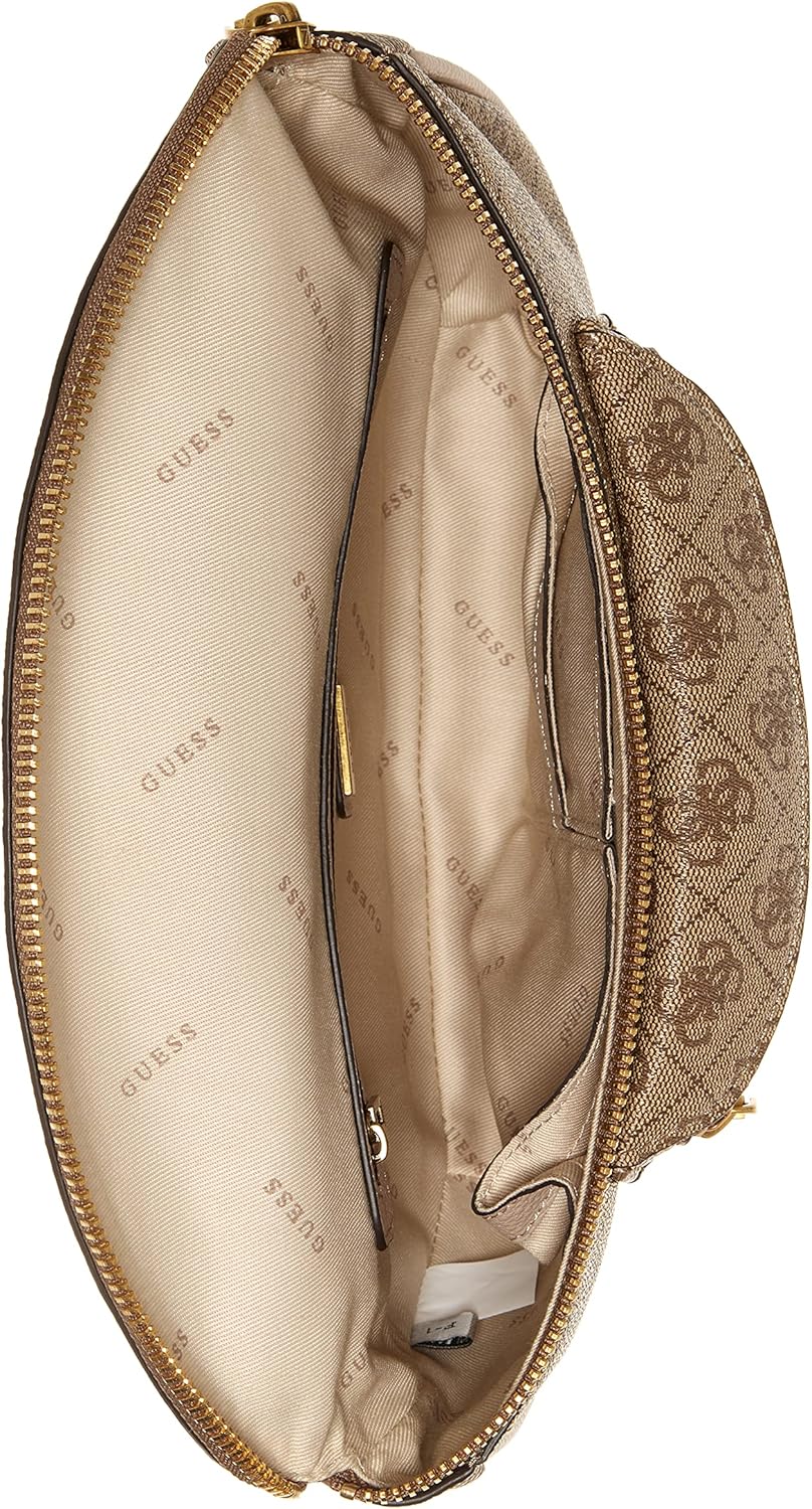 GUESS Manhattan belt for women beige monogram waist pack open top showing interior lining pockets and gold zipper