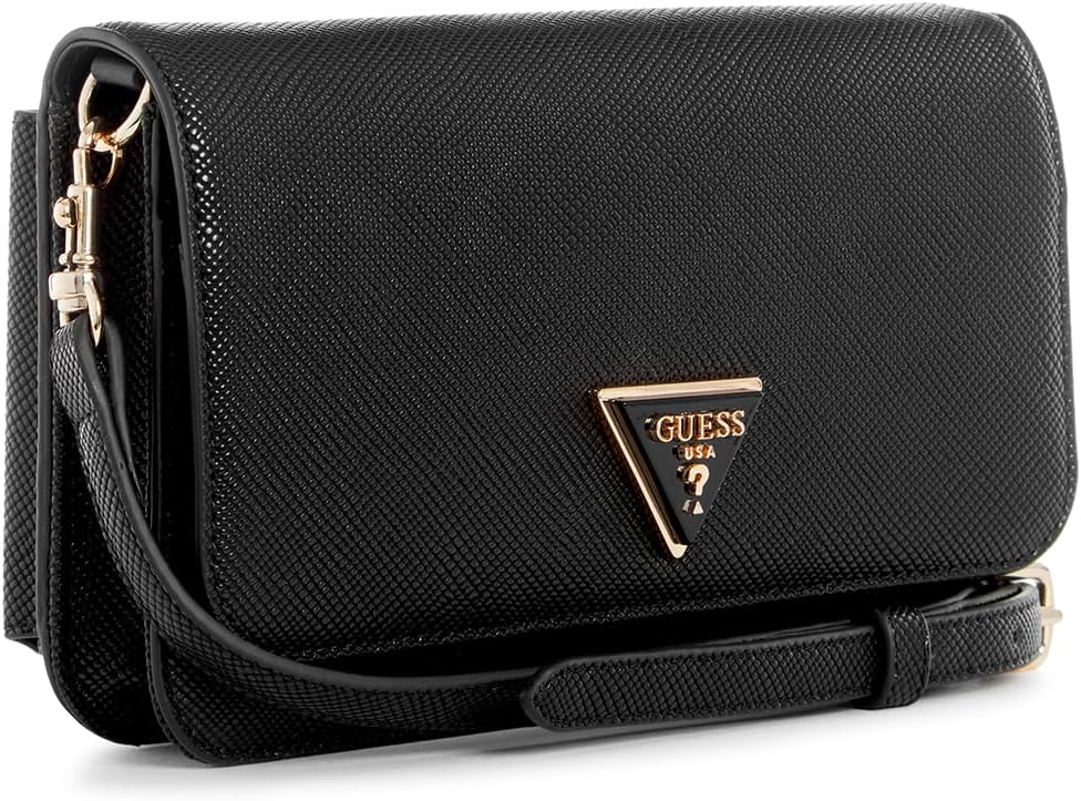Modan Online GUESS Noelle crossbody bag black textured leather with gold triangle logo and adjustable strap