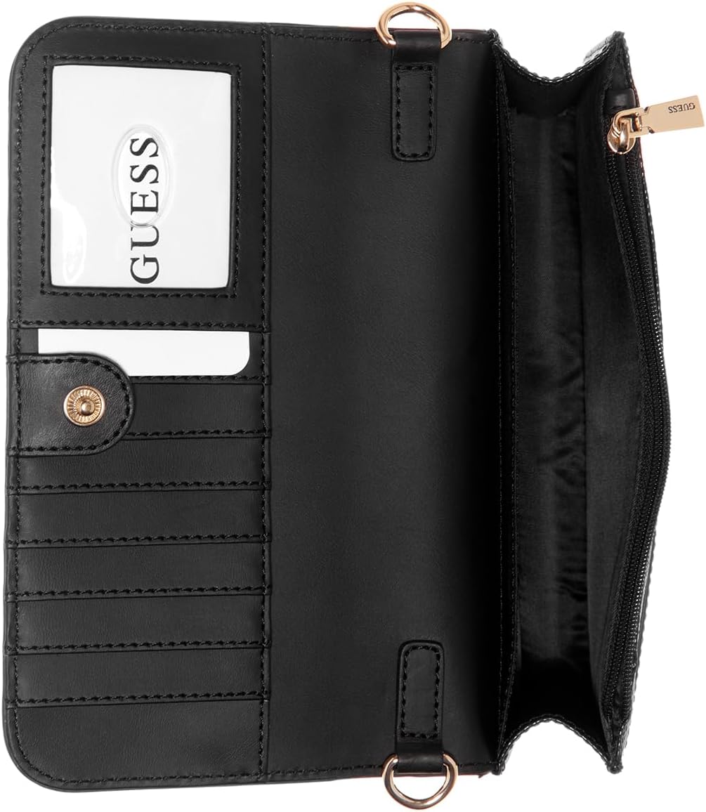 GUESS Noelle crossbody bag black interior with clear ID window, multiple card slots, zip pocket, rose gold hardware