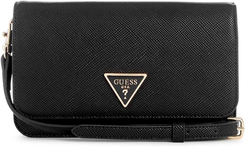Modan Online GUESS Noelle crossbody bag black textured leather flap with gold triangle logo strap