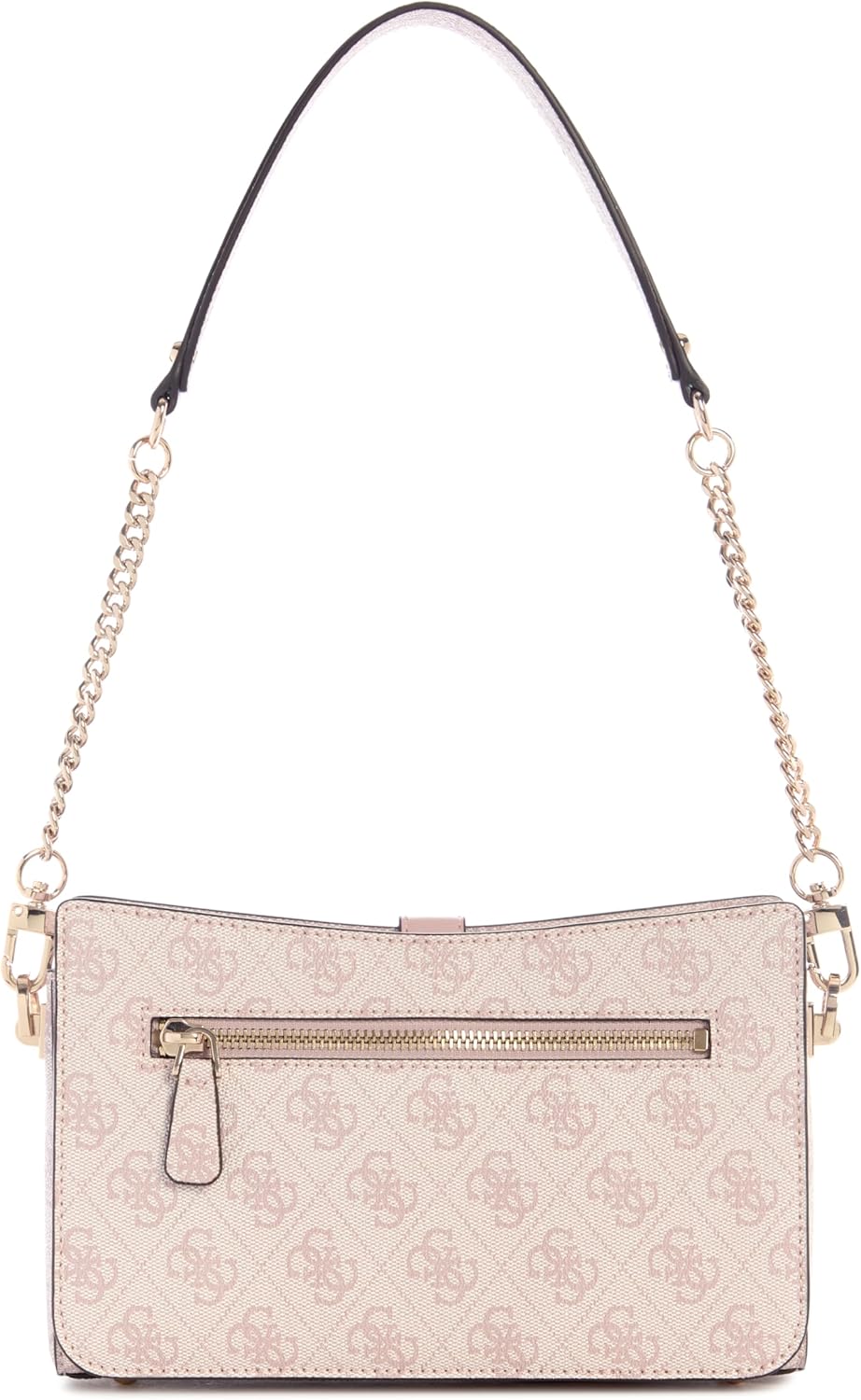 Modan Online GUESS Zamira shoulder bag pink monogram crossbody with front zip pocket and gold chain strap