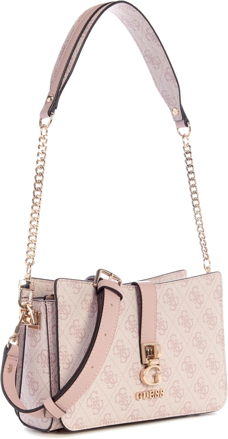 Modan Online GUESS Zamira shoulder bag pink monogram print with gold chain strap and logo hardware