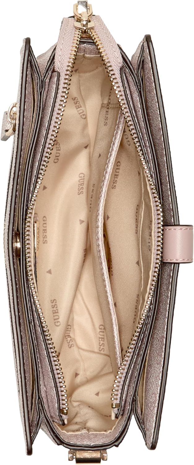 Top view of open GUESS Zamira shoulder bag showing beige branded lining, central zip pocket and divided compartments