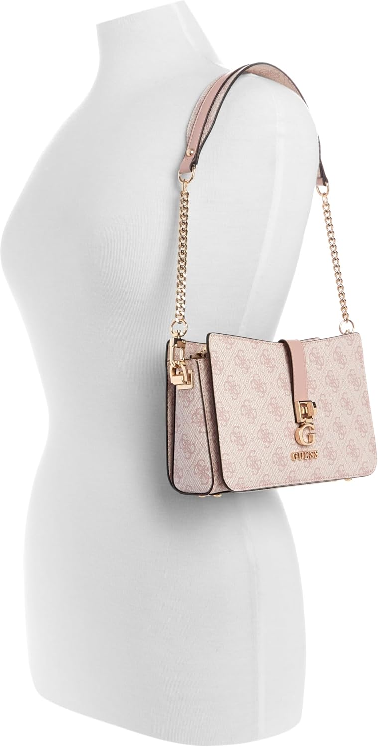GUESS Zamira shoulder bag pink monogram with gold chain strap and logo hardware on mannequin