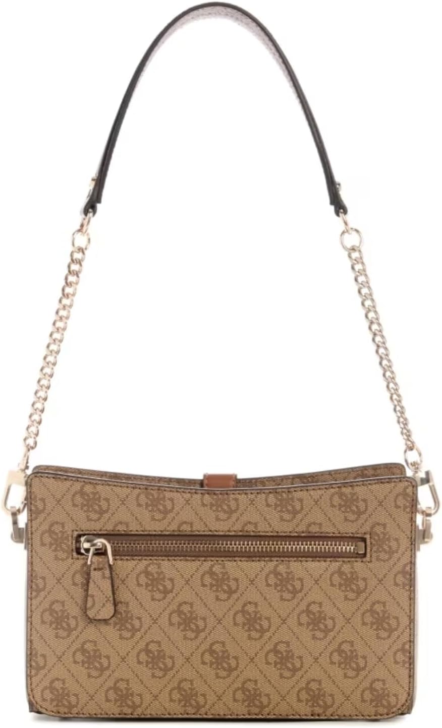 GUESS Zamira shoulder bag brown monogram crossbody with gold chain strap and front zip pocket