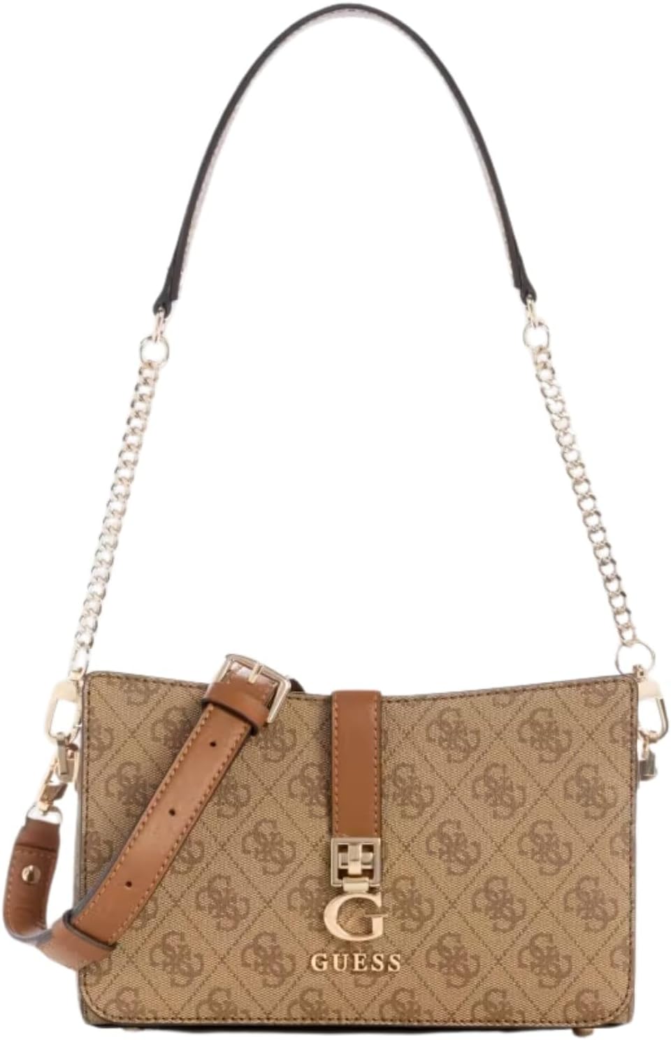 GUESS Zamira shoulder bag brown monogram with gold chain strap leather trim and adjustable crossbody strap