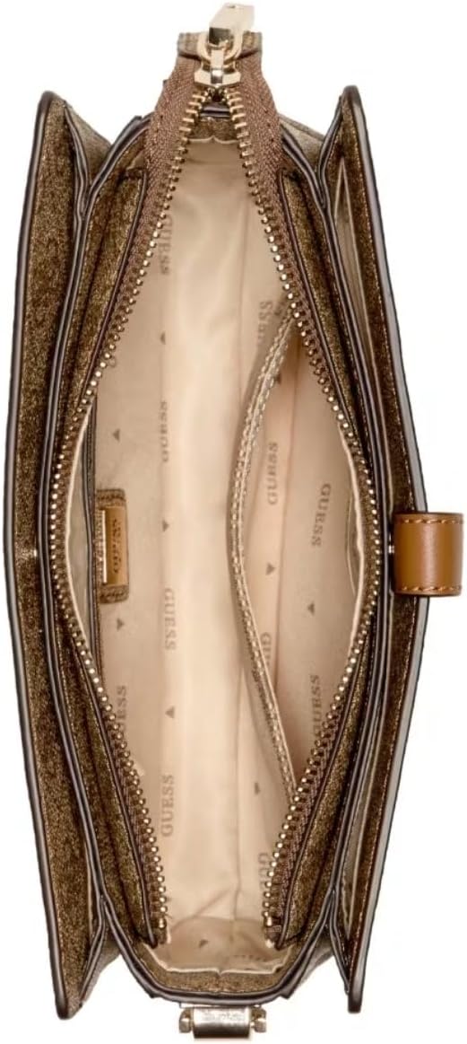 GUESS Zamira shoulder bag top view showing brown metallic exterior beige lined interior three compartments zip pocket