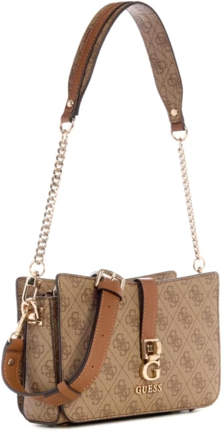Modan Online GUESS Zamira shoulder bag brown monogram print with gold chain strap and logo charm