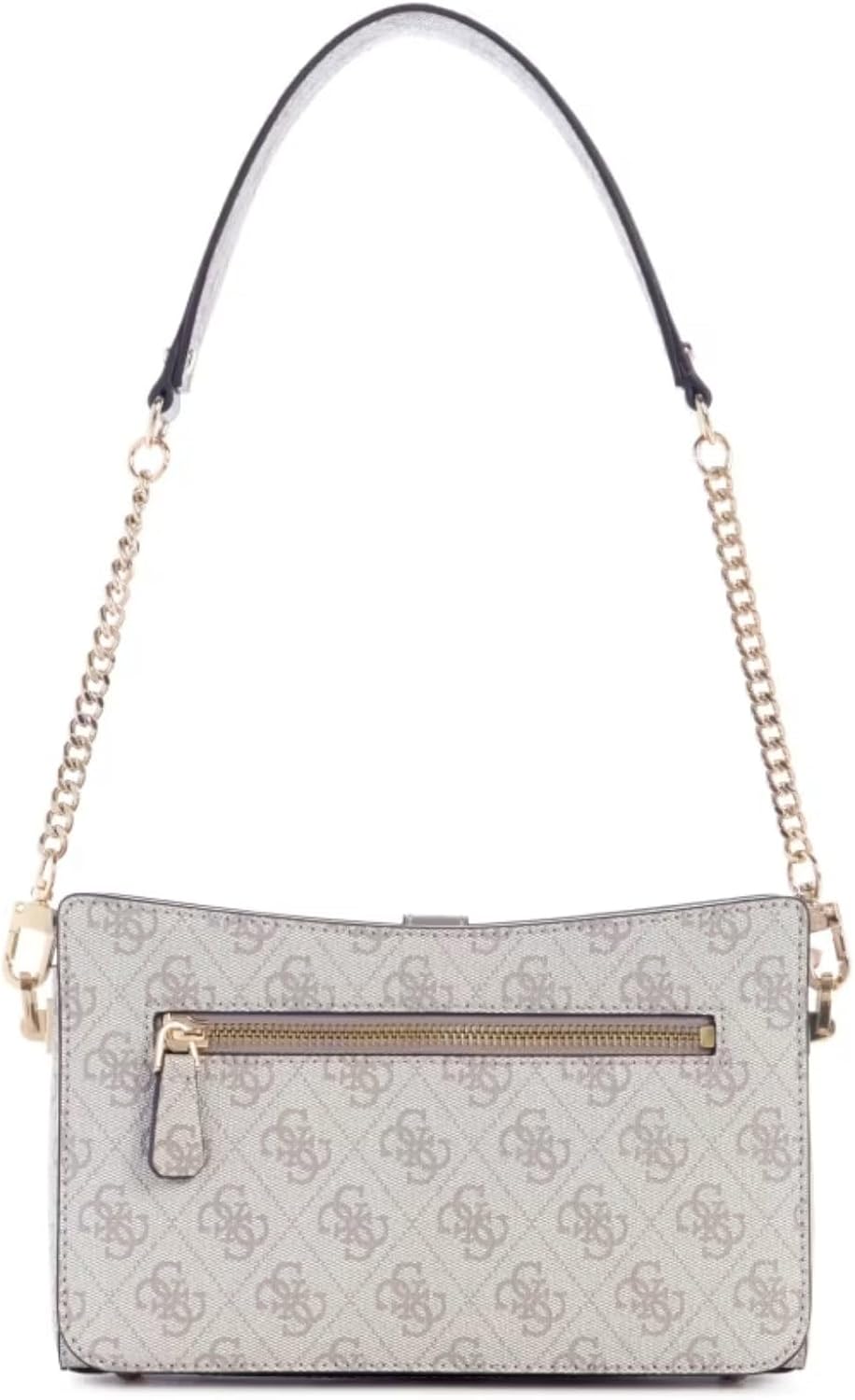 Modan Online GUESS Zamira shoulder bag beige monogram print with gold chain strap and front zip pocket