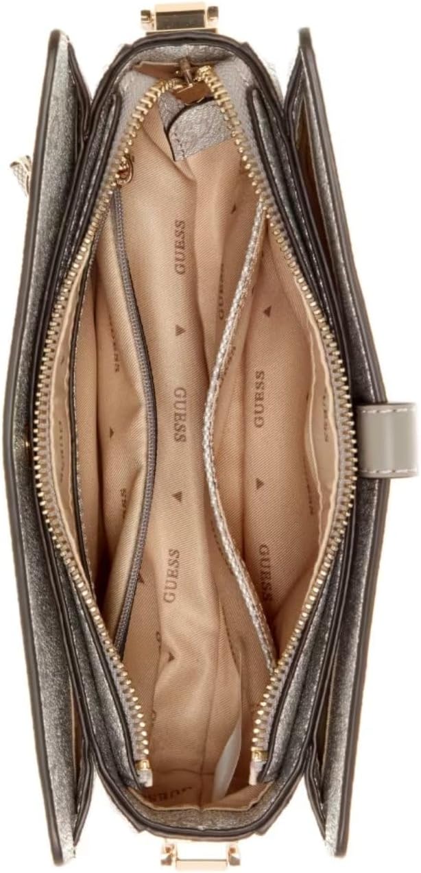 GUESS Zamira shoulder bag top view showing three interior compartments beige logo lining gold zippers metallic exterior
