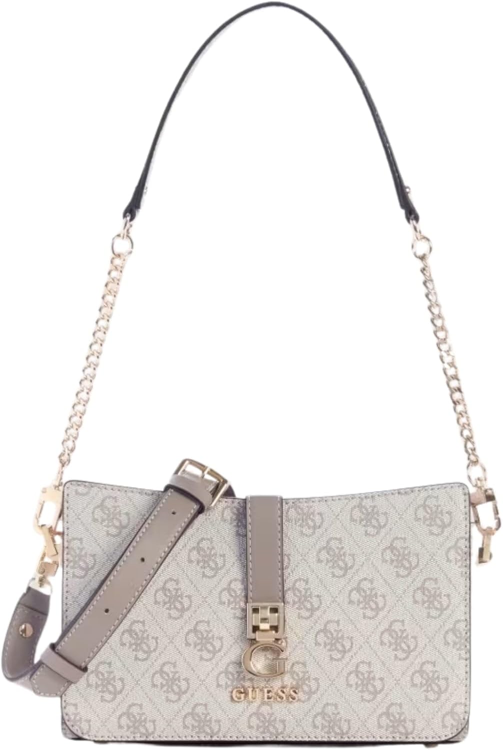 GUESS Zamira shoulder bag beige monogram print with gold chain and detachable leather strap