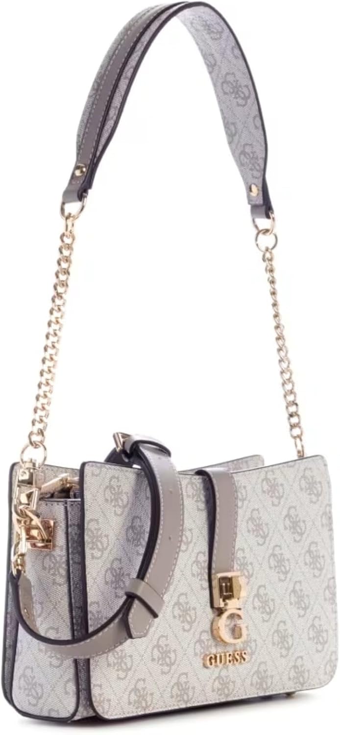 Modan Online beige monogram shoulder bag with gold chain strap and lock hardware GUESS Zamira shoulder bag