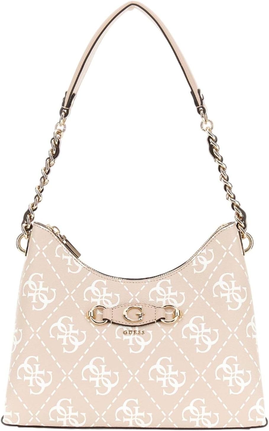 GUESS Izzy shoulder bag sand with logo print and chain strap for stylish everyday use