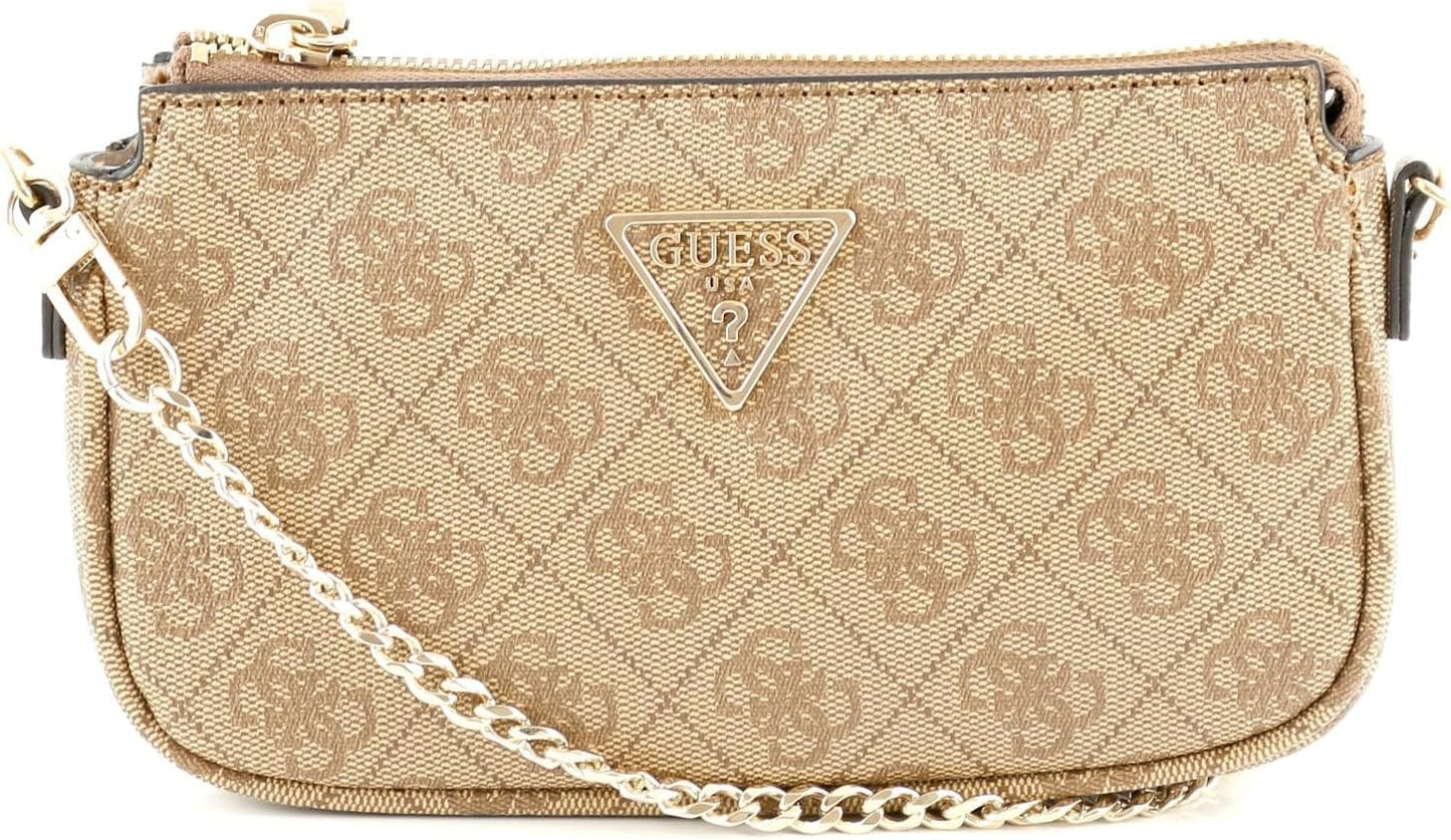 GUESS Noelle crossbody bag in tan with embossed logo design and decorative chain strap