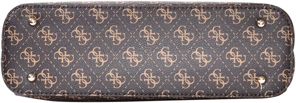 Bottom view of GUESS Noelle Small Tote Bag featuring a stylish logo pattern and protective metal feet