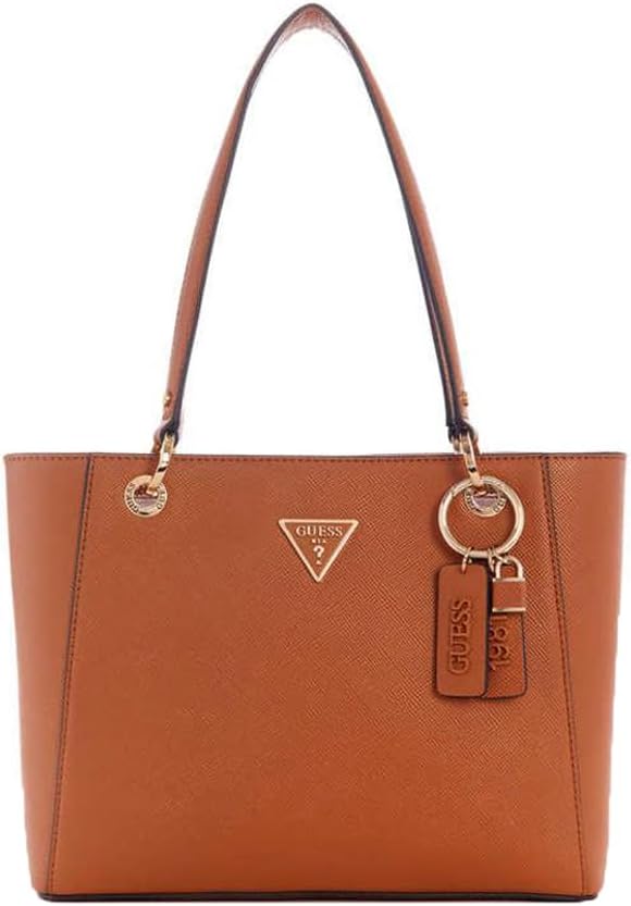 GUESS Noelle Small Tote Bag in brown with logo charm and dual handles for stylish everyday use