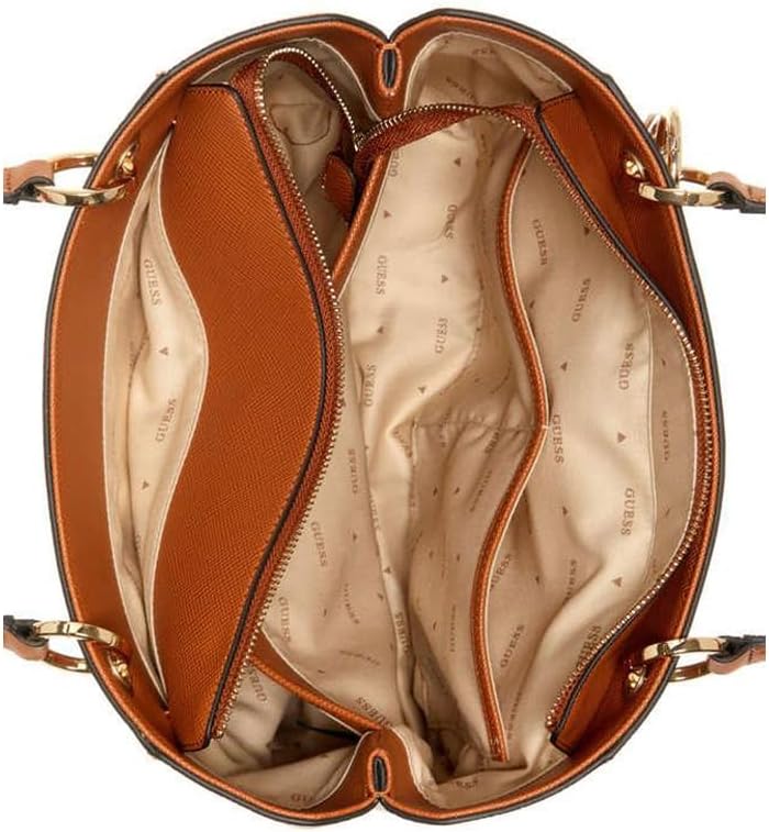 Interior view of GUESS Noelle Small Tote Bag showing compartments and lining for organized storage