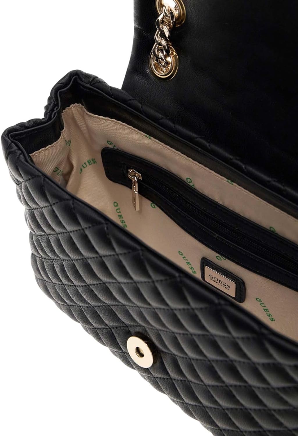 Inside view of Guess Rianee convertible crossbody bag featuring a zippered pocket and spacious compartment