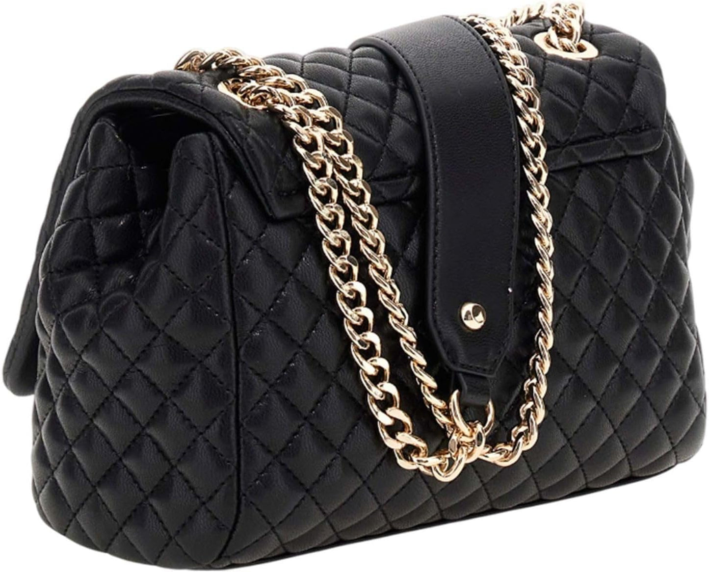 Guess Rianee convertible crossbody bag in black quilted design with a gold chain strap